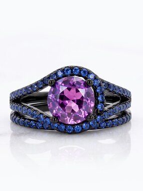 Pink & Purple round Tourmarine Gemstone ring, 925 Sterling Silver, Black Gold